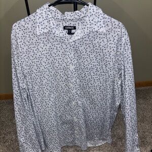 Express Men's Casual White and Blue Patterned Shirt